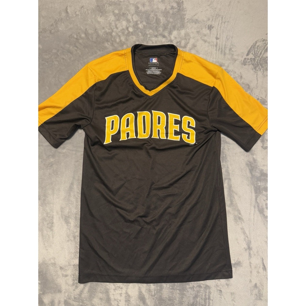 MLB San Diego Padres Jersey‎ T-Shirt Mens Small Brown Yellow Cool Base V-Neck